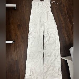 Love Your Calls Faux Leather Cargo Jumpsuit - White